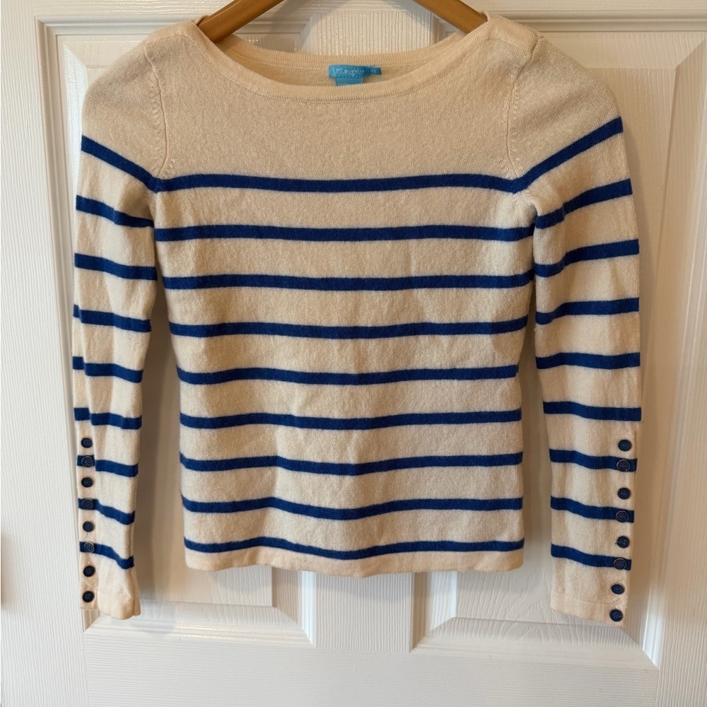 J. McLaughlin White and Blue Sailor Stripe Merino Wool Knit Sweater with Buttons